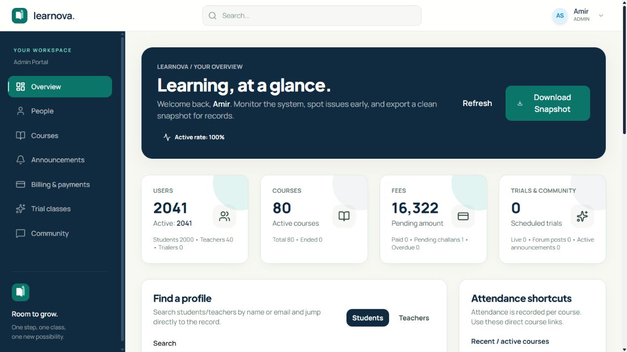 Learnova application interface