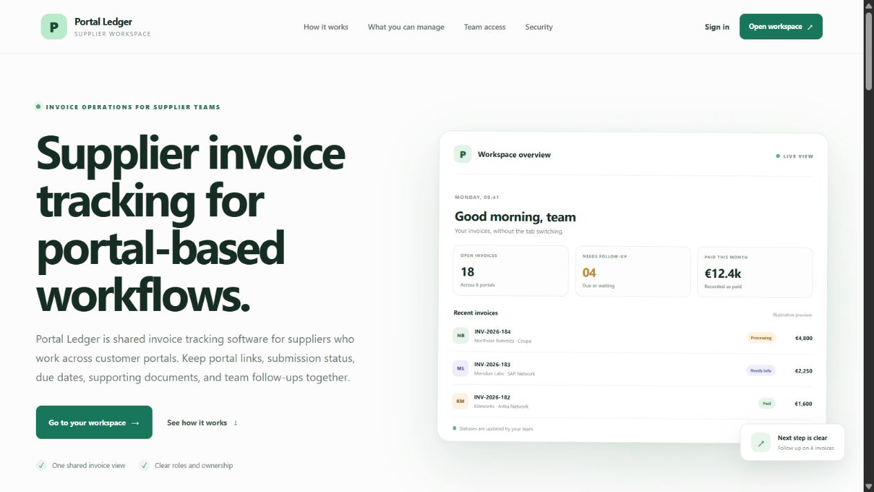 Portal Ledger’s public landing page with an illustrative invoice workspace preview